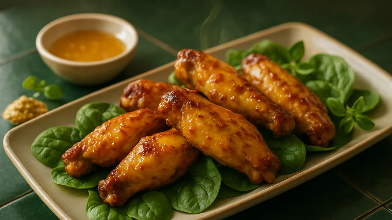 Honig-Senf-Hähnchenflügel-Spinat-Schale aus dem Airfryer mit Hähnchenflügel und Honig, auf dunkelgrünen Fliesen angerichtet.