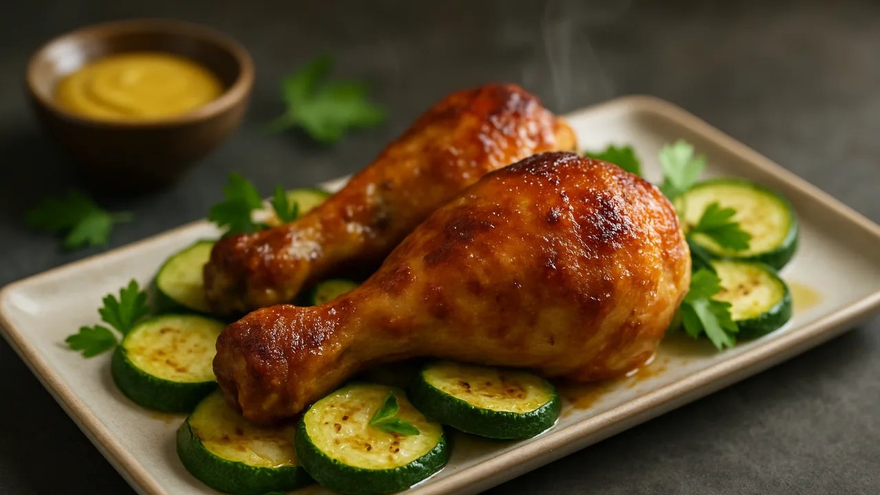 Honig-Senf-Hähnchenschenkel mit Zucchini aus dem Airfryer mit Hähnchenschenkel und Honig, auf dunklem Schiefer angerichtet.