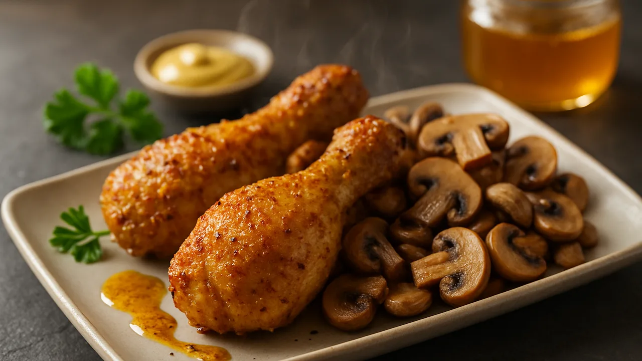 Honig-Senf-Hähnchenschenkel Nuggets mit Champignons aus dem Airfryer mit Hähnchenschenkel und Honig, auf dunklem Schiefer …