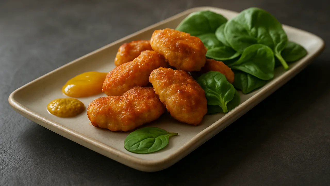 Honig-Senf-Hähnchenschenkel Nuggets mit Spinat aus dem Airfryer mit Hähnchenschenkel, ausgelöst und Honig, auf dunklem …