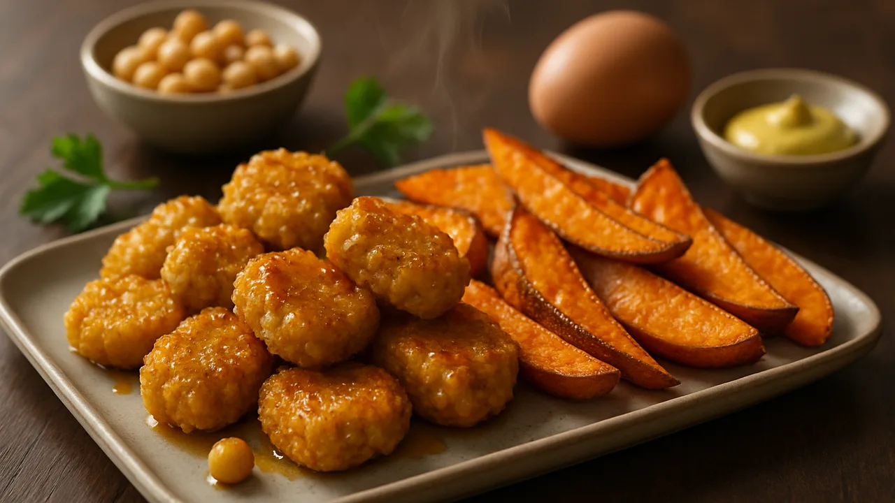 Honig-Senf-Kichererbsen Nuggets mit Süßkartoffel aus dem Airfryer mit Kichererbsen und Ei, auf dunklem Walnussholz …