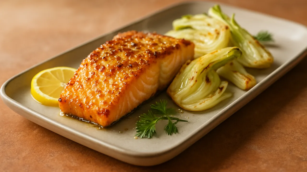 Honig-Senf-Lachs-Fenchel-Schale aus dem Airfryer mit Lachsfilet und Fenchel, auf Terracotta-Fliesen angerichtet.