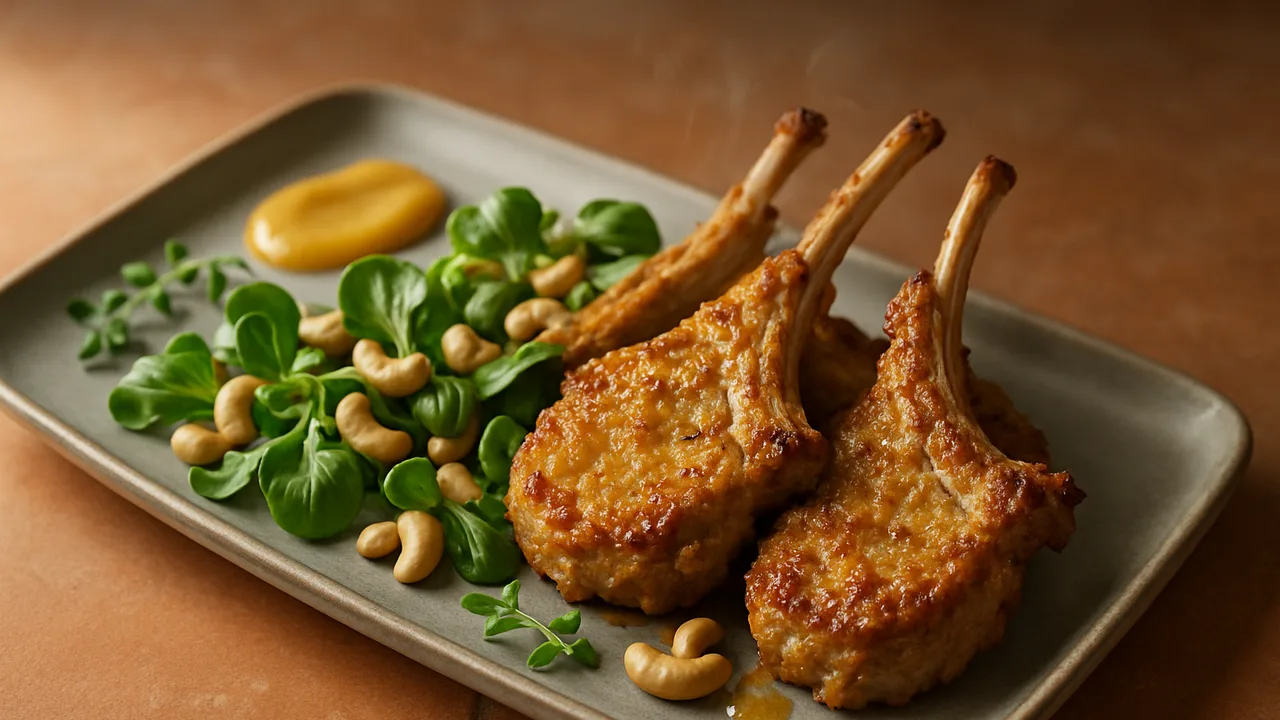 Honig-Senf-Lammkotelett-Feldsalat mit Cashewkernen aus dem Airfryer mit Lammkoteletts und Honig, auf Terracotta-Fliesen …