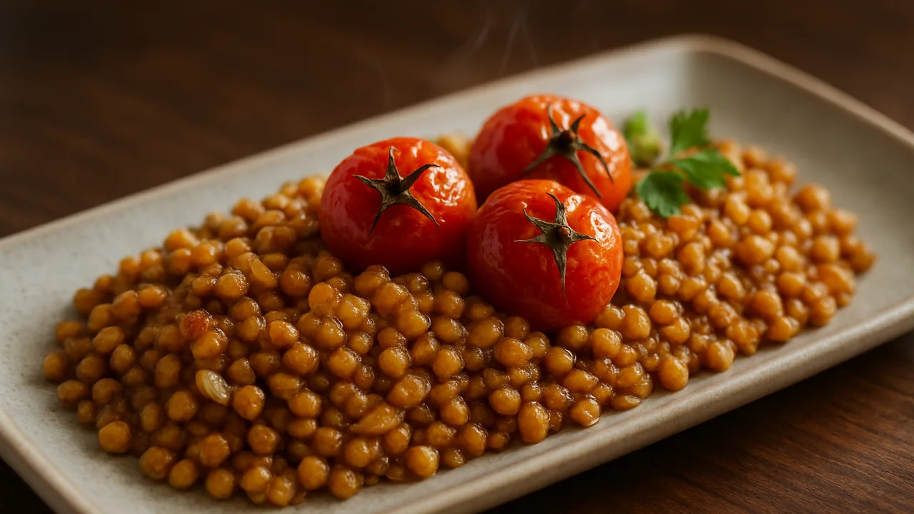 Honig-Senf-Linsen mit Tomaten aus dem Airfryer mit gekochte Linsen und Kirschtomaten, auf dunklem Walnussholz angerichtet.
