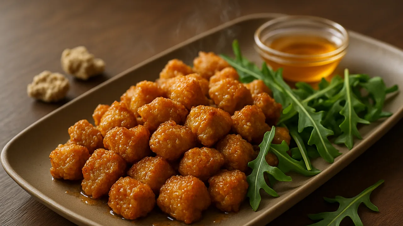 Honig-Senf-Rucola-Sojaschnetzel-Röstchen aus dem Airfryer mit Sojaschnetzel, getrocknet und Gemüsebrühe, heiß, auf dunklem …