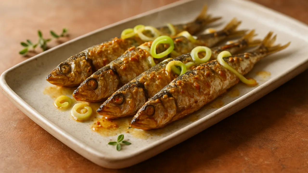 Honig-Senf-Sardinen mit Lauch aus dem Airfryer mit Sardinen und Honig, auf Terracotta-Fliesen angerichtet.