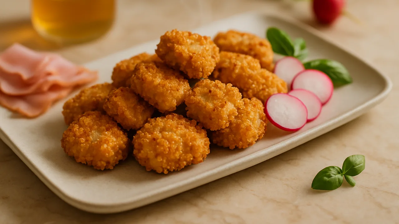 Honig-Senf-Schinken Nuggets mit Radieschen aus dem Airfryer mit Schinken und Ei, auf beigem Marmor angerichtet.