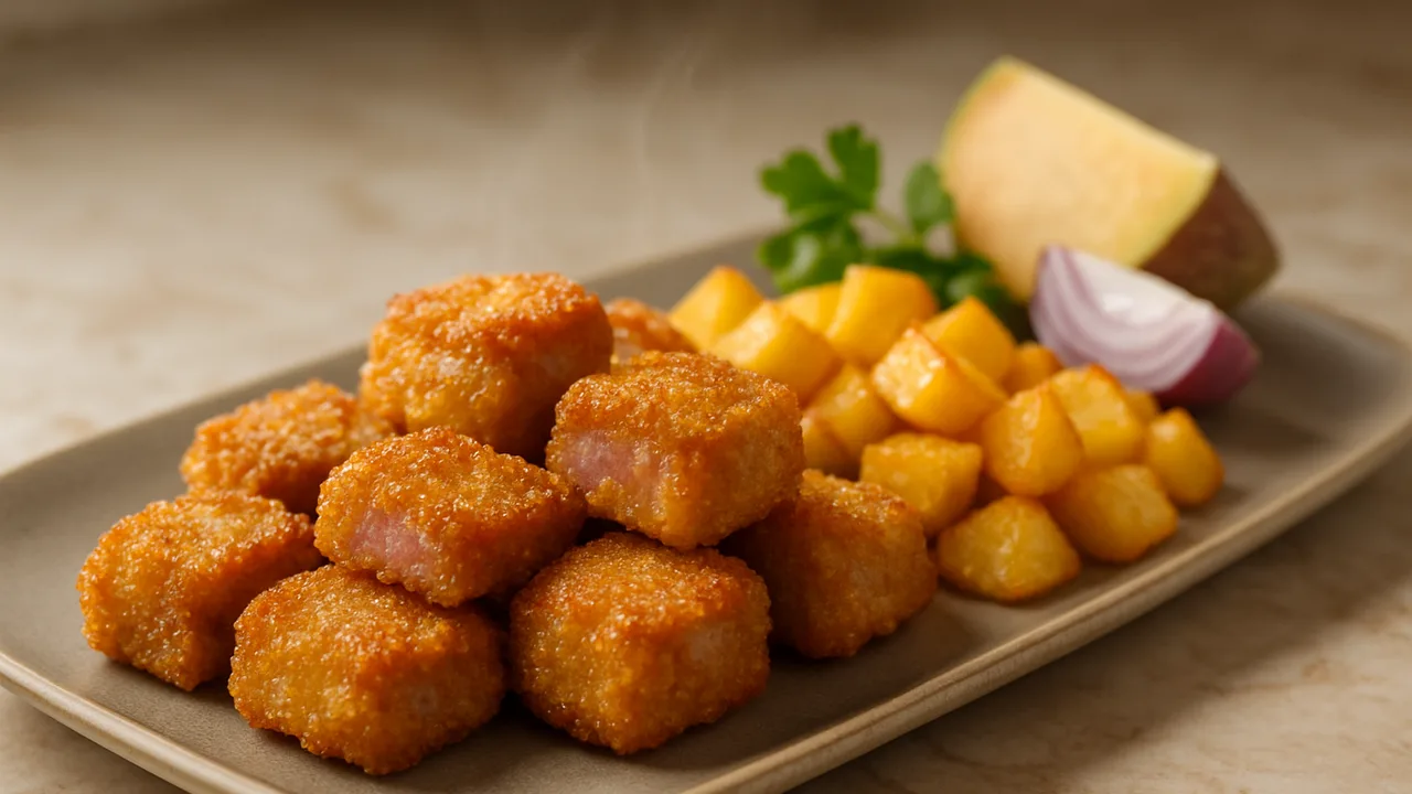 Honig-Senf-Schinken Nuggets mit Steckrübe aus dem Airfryer mit Schinken und Steckrübe, auf beigem Marmor angerichtet.