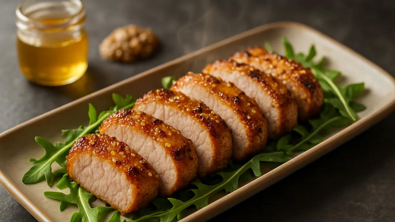 Honig-Senf-Schweinefilet-Rucola-Schale aus dem Airfryer mit Schweinefilet und Honig, auf dunklem Schiefer angerichtet.