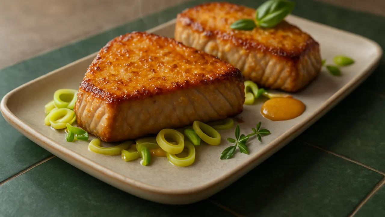 Honig-Senf-Thunfisch mit Lauch aus dem Airfryer mit Thunfischsteaks und Honig, auf dunkelgrünen Fliesen angerichtet.
