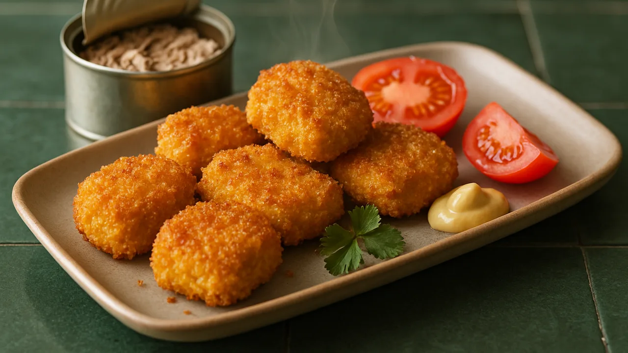 Honig-Senf-Thunfisch Nuggets mit Tomate aus dem Airfryer mit Thunfisch aus der Dose und Ei, auf dunkelgrünen Fliesen …
