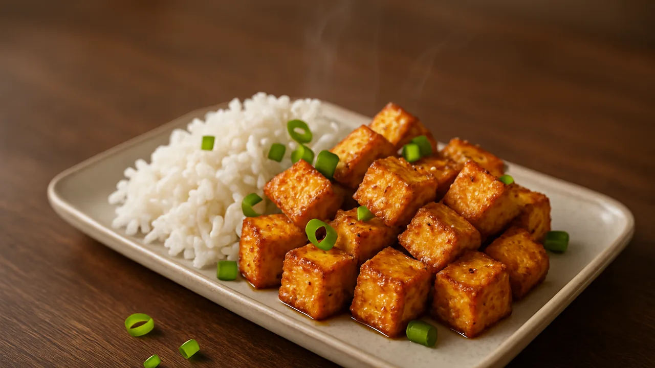 Honig-Senf-Tofu Bowl mit Reis und Frühlingszwiebel aus dem Airfryer mit Tofu und Reis, auf dunklem Walnussholz angerichtet.