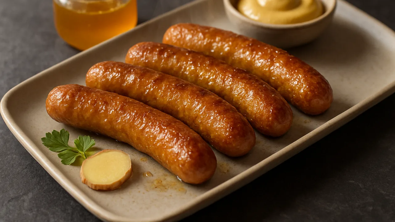 Honig-Senf-Wiener Würstchen mit Ingwer aus dem Airfryer mit Wiener Würstchen und Honig, auf dunklem Schiefer angerichtet.