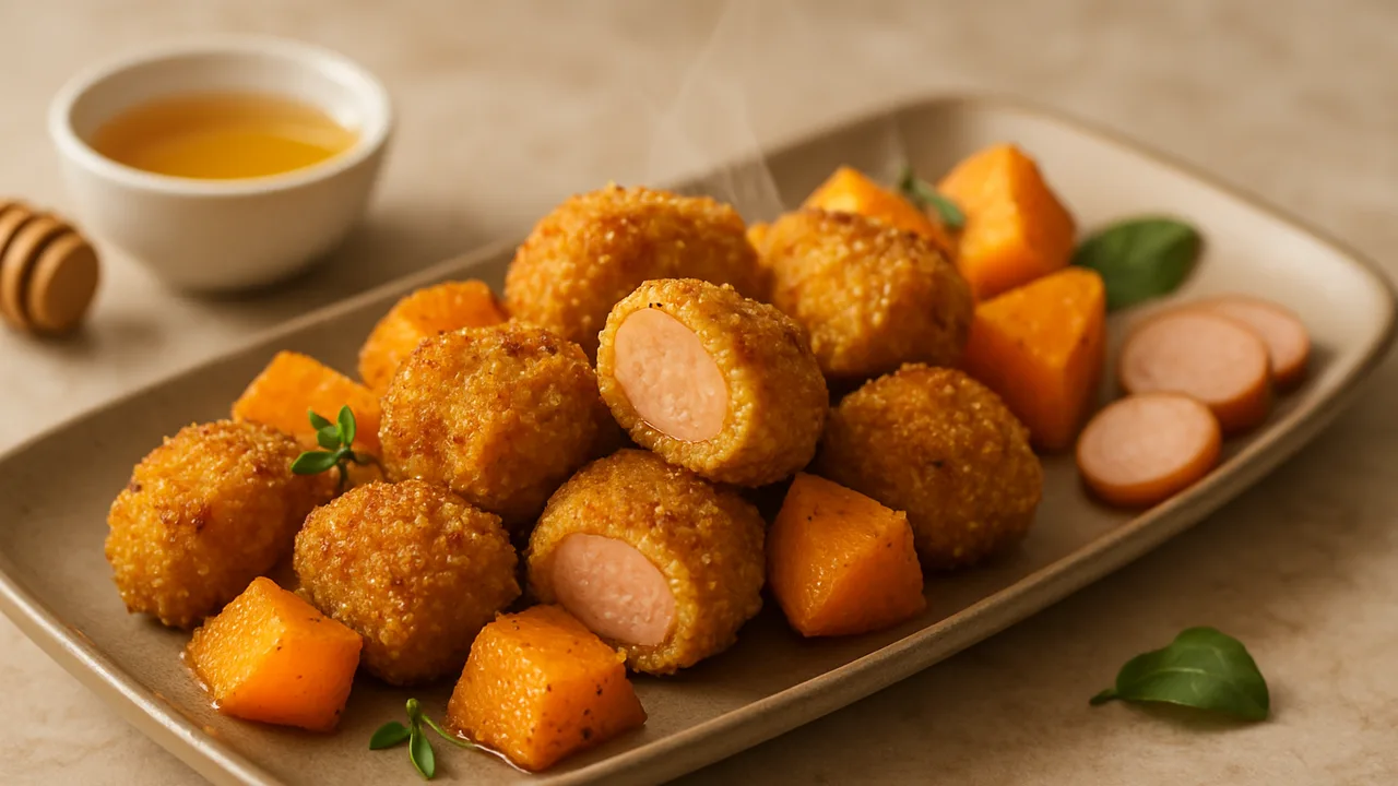 Honig-Senf-Wiener Würstchen Nuggets mit Kürbis aus dem Airfryer mit Wiener Würstchen und Kürbis, auf beigem Marmor …