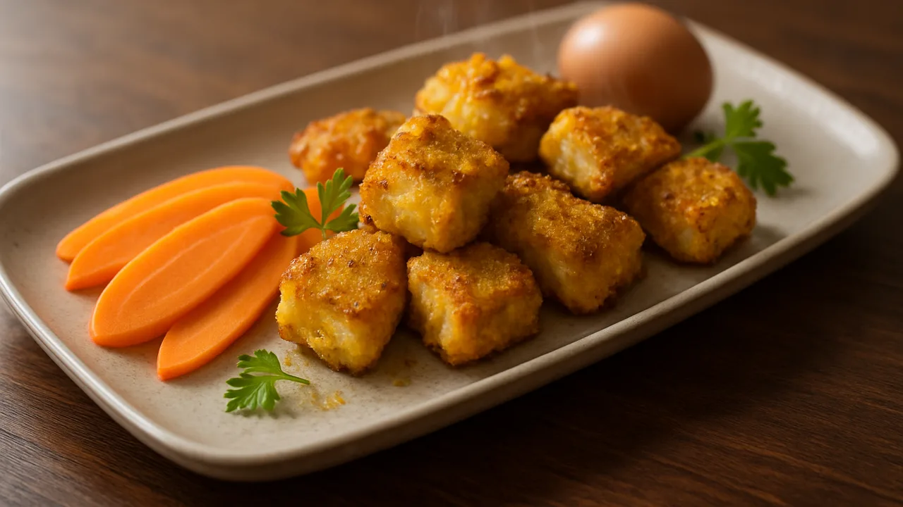 Honig-Senf-Zander Nuggets mit Karotte aus dem Airfryer mit Zanderfilet und Ei, auf dunklem Walnussholz angerichtet.