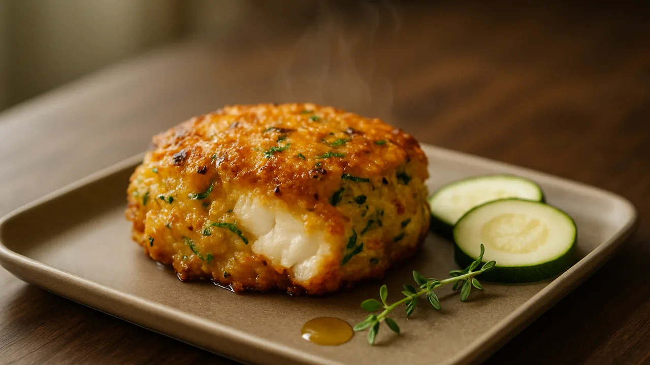Honig-Senf-Zucchini-Kabeljau-Röstchen aus dem Airfryer mit Kabeljaufilet und Zucchini, auf dunklem Walnussholz angerichtet.