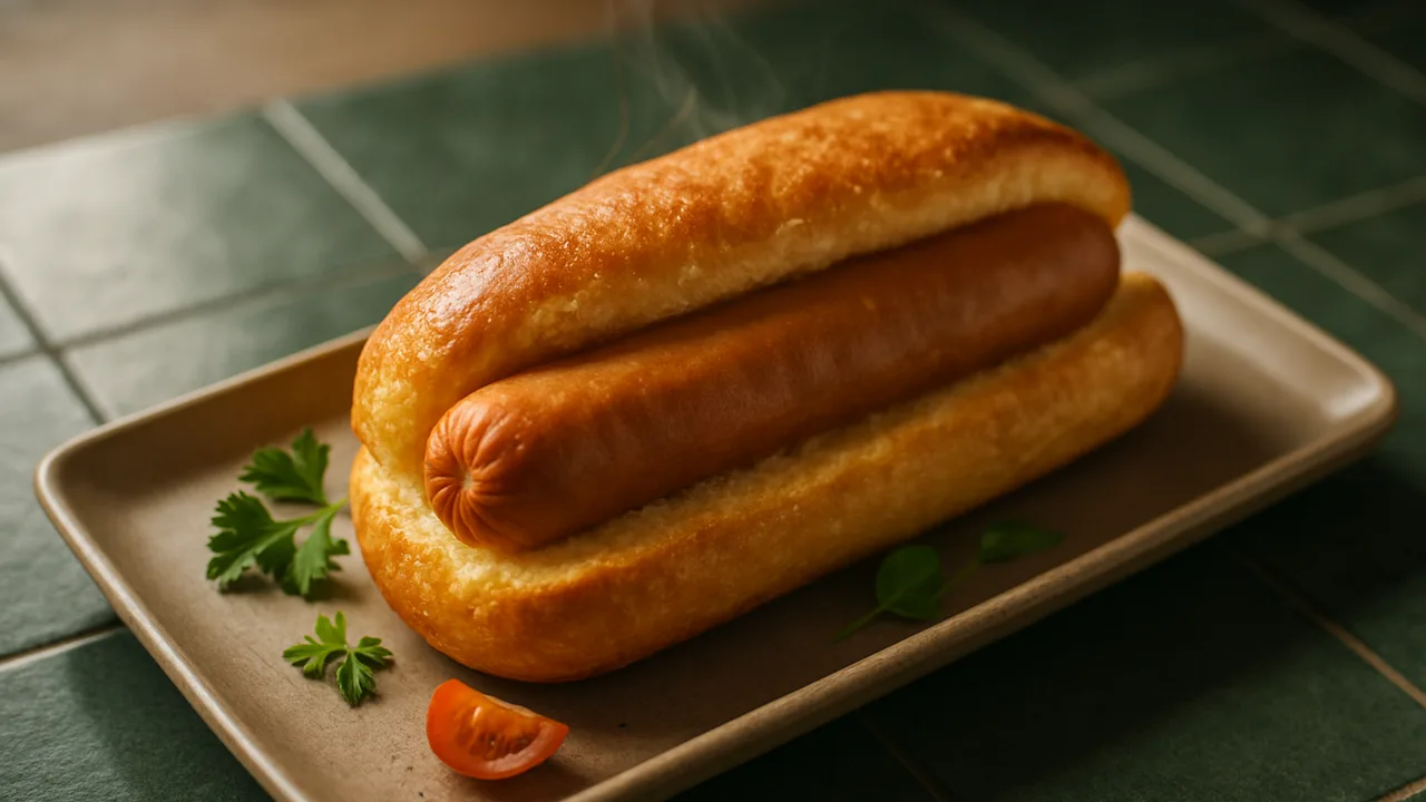 Hot Dog im Airfryer – Brötchen und Würstchen zugleich mit Wiener Würstchen und Hot-Dog-Brötchen, auf dunkelgrünen Fliesen …