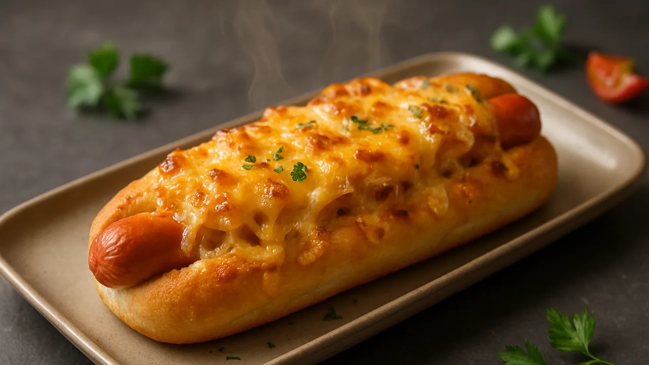 Hot Dog überbacken mit Käse und Zwiebeln aus dem Airfryer mit Wiener Würstchen und Hot-Dog-Brötchen, auf dunklem Schiefer …