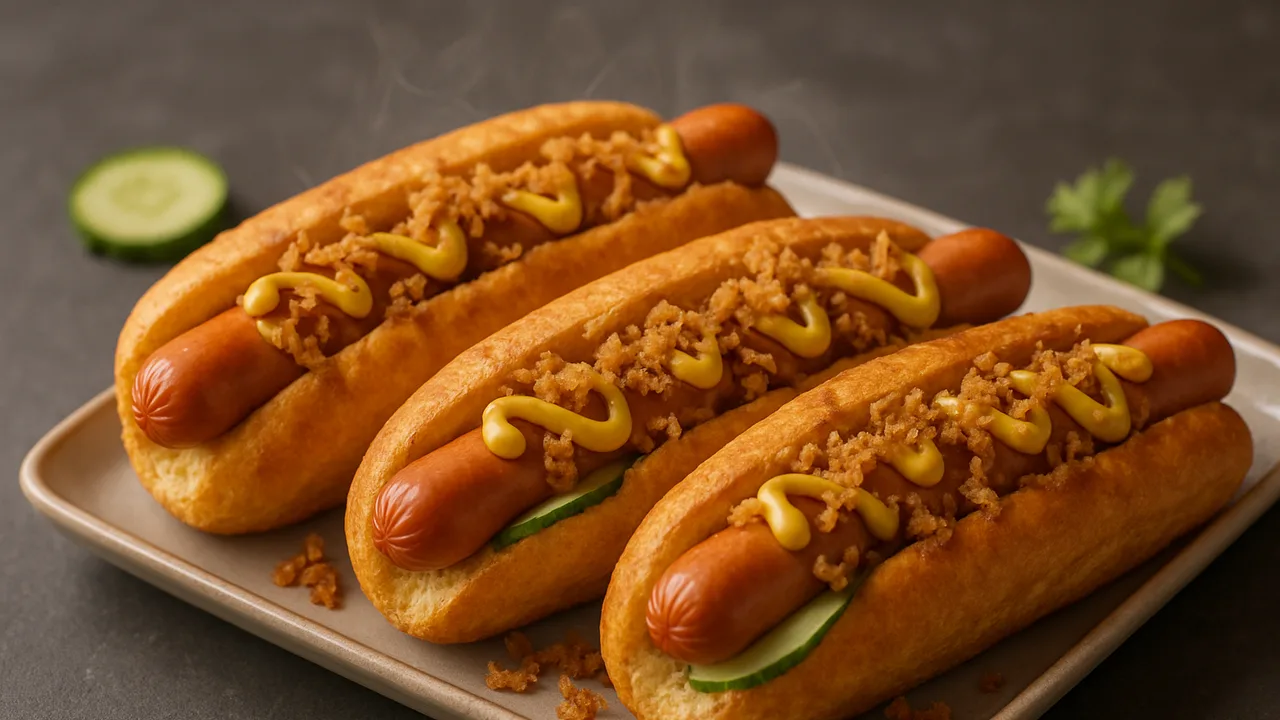 Hot Dogs mit Röstzwiebeln, Gurke und Senf aus dem Airfryer mit Wiener Würstchen und Hot-Dog-Brötchen, auf dunklem Schiefer …