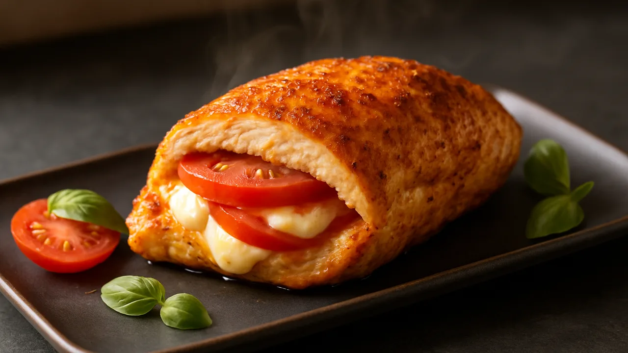 Hühnerbrust gefüllt mit Mozzarella und Tomate aus dem Airfryer mit Hähnchenbrust und Mozzarella, auf dunklem Schiefer …