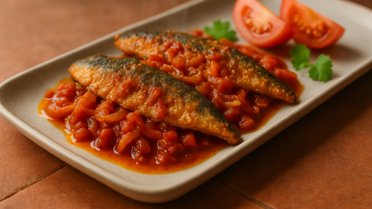 Indisch Makrele mit Tomate aus dem Airfryer mit Makrelenfilets und Tomaten, auf Terracotta-Fliesen angerichtet.