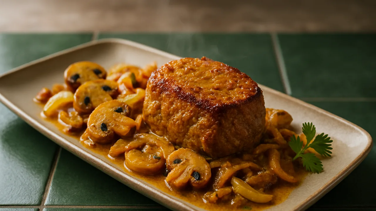 Indisch Rinderfilet mit Champignons aus dem Airfryer mit Rinderfilet und Champignons, auf dunkelgrünen Fliesen angerichtet.