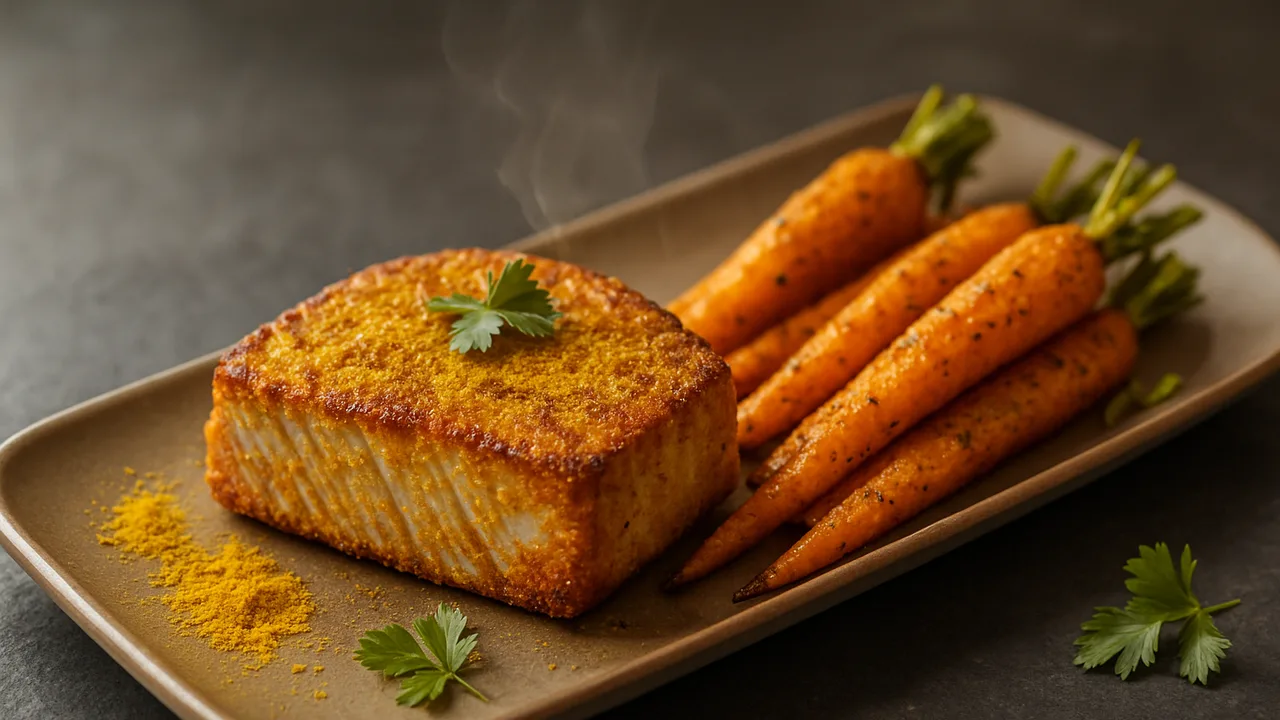 Indischer Thunfisch mit Karotten aus dem Airfryer mit Thunfischsteak und Karotten, auf dunklem Schiefer angerichtet.