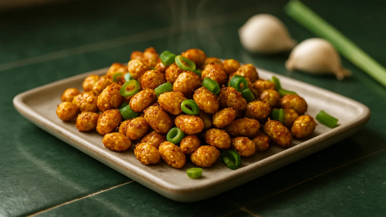 Indisches Edamame mit Frühlingszwiebel aus dem Airfryer mit Edamame, geschält und Frühlingszwiebel, auf dunkelgrünen …
