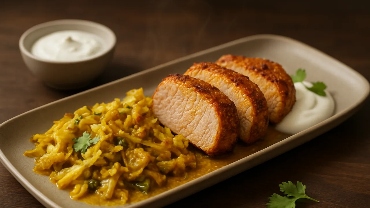 Indisches Schweinefilet mit Chinakohl aus dem Airfryer mit Schweinefilet und Naturjoghurt, auf dunklem Walnussholz …
