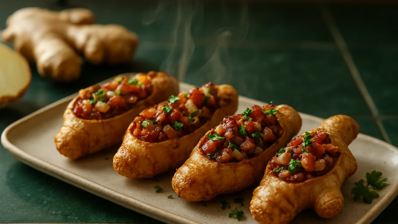 Ingwer gefüllt mit Speck und Kräutern aus dem Airfryer mit große Ingwerknollen und Speck, auf dunkelgrünen Fliesen …