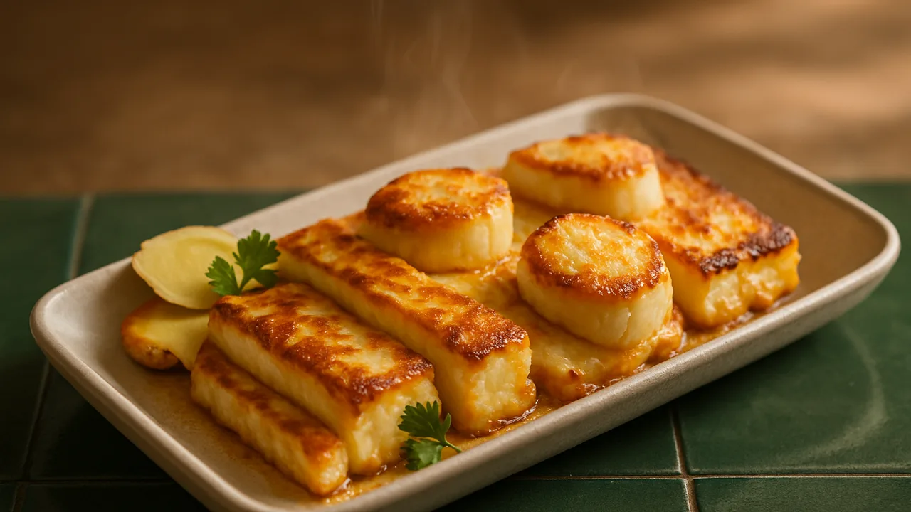 Ingwer-Halloumi-Auflauf mit Jakobsmuscheln aus dem Airfryer mit Halloumi und Jakobsmuscheln, auf dunkelgrünen Fliesen …