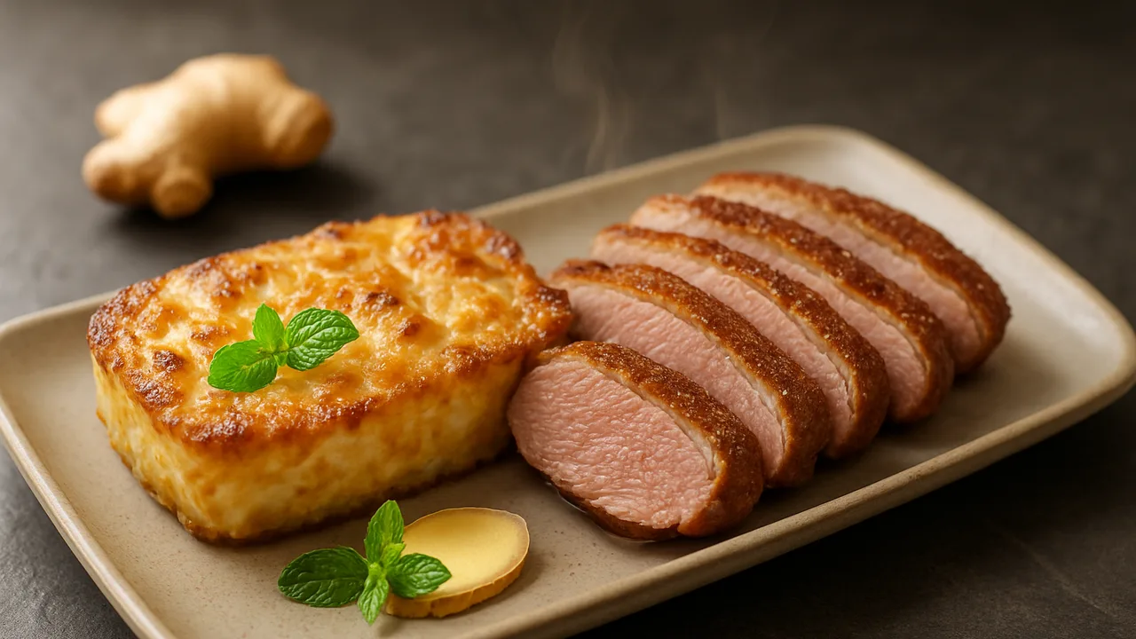 Ingwer-Joghurt-Auflauf mit Entenbrust aus dem Airfryer mit Entenbrust und Ingwer, auf dunklem Schiefer angerichtet.