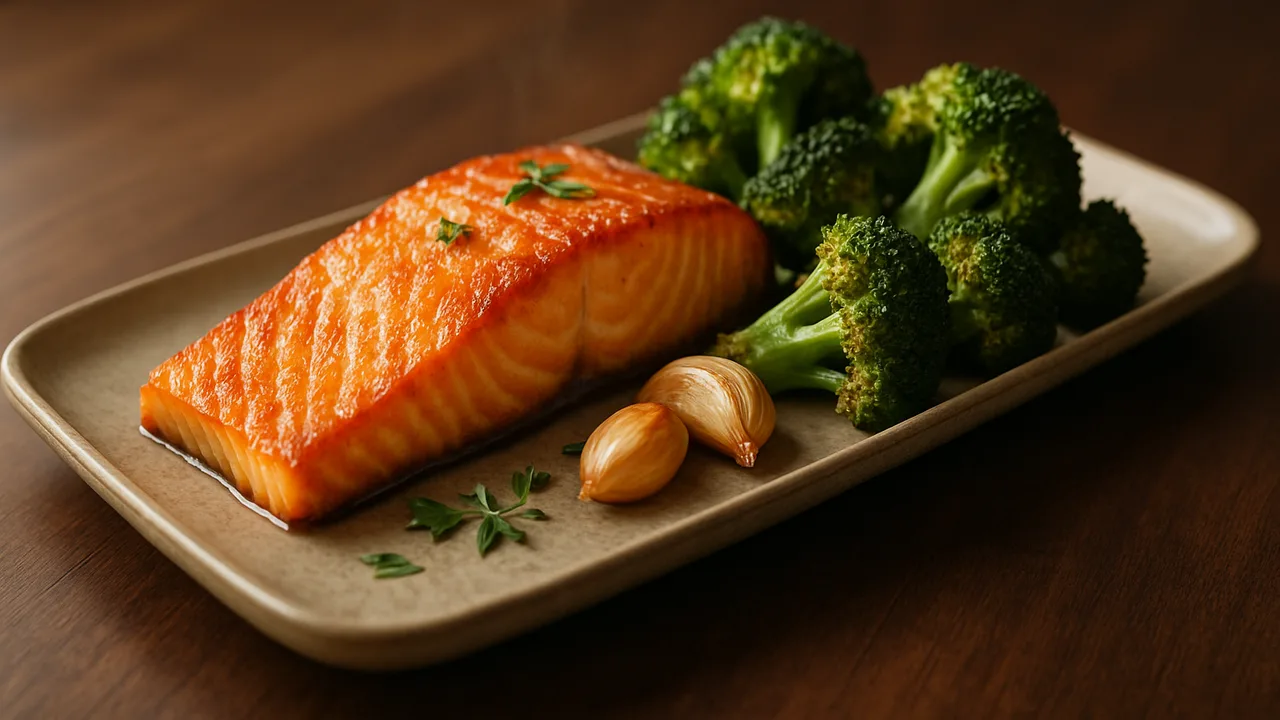 International Lachs mit Brokkoli aus dem Airfryer mit Lachsfilet und Brokkoli, auf dunklem Walnussholz angerichtet.