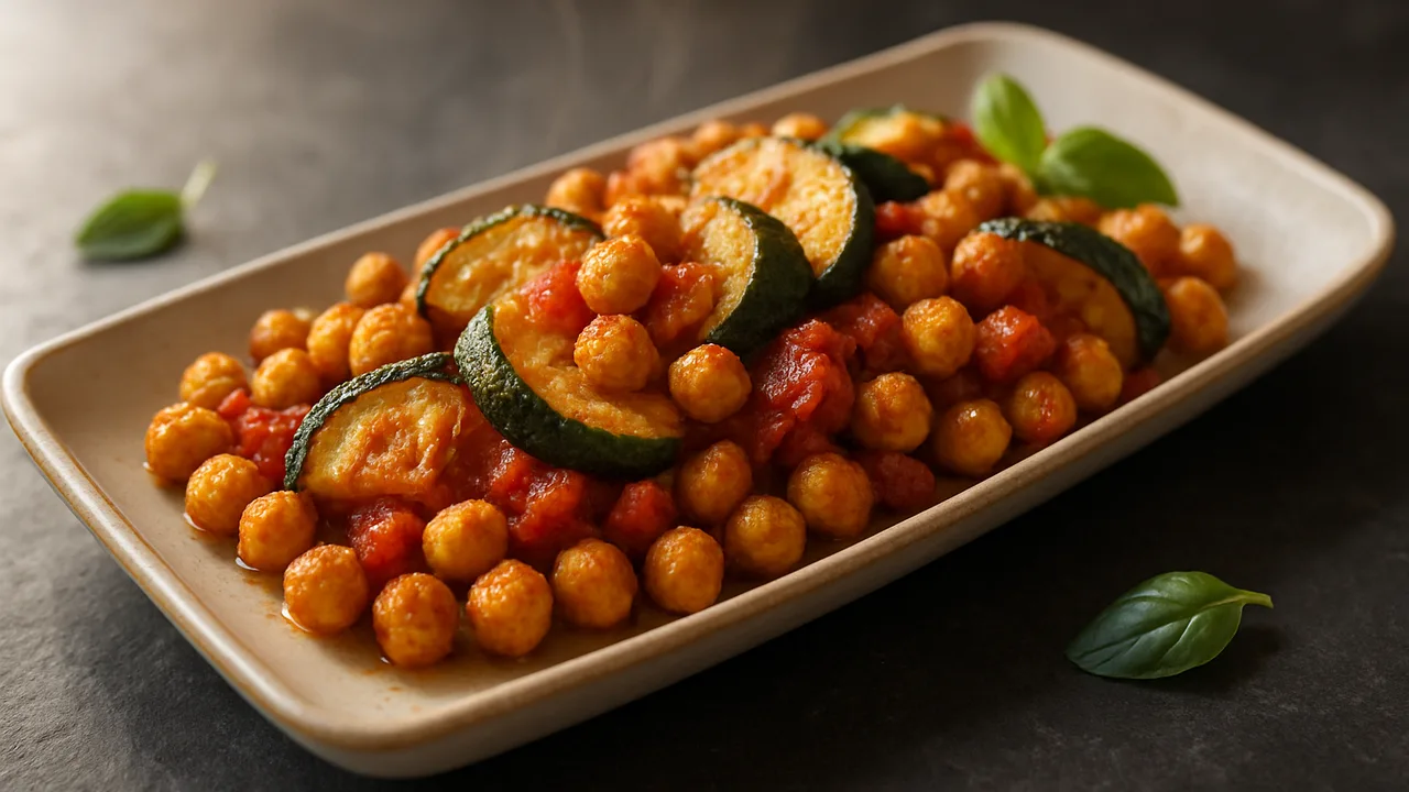 Italienisch Kichererbsen mit Zucchini aus dem Airfryer mit Kichererbsen (abgetropft) und Zucchini, auf dunklem Schiefer …