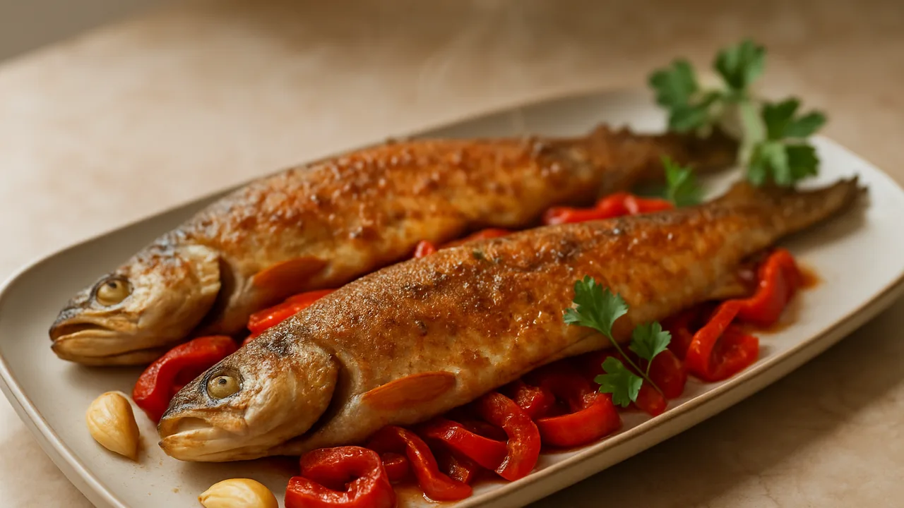 Italienisch Forelle mit Paprika aus dem Airfryer mit Forellen und Paprika, auf beigem Marmor angerichtet.