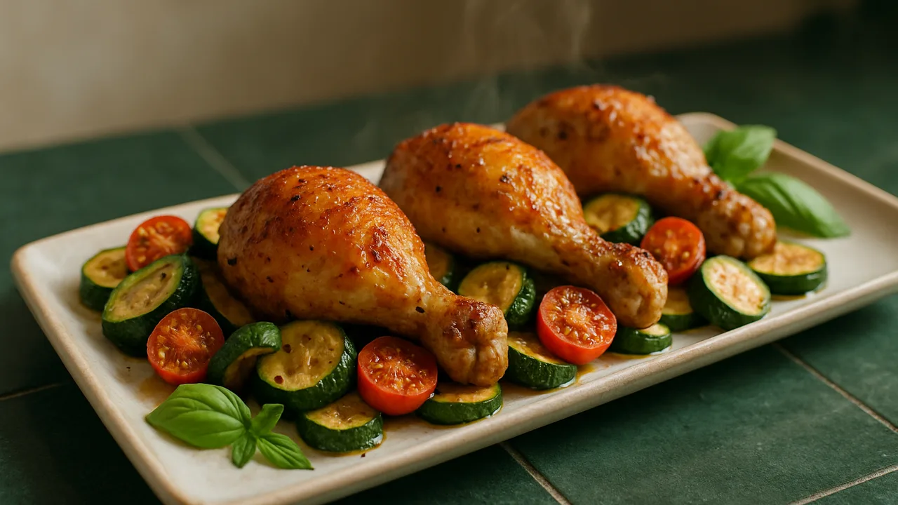 Italienische Hähnchenschenkel mit Zucchini aus dem Airfryer mit Hähnchenschenkel und Zucchini, auf dunkelgrünen Fliesen …