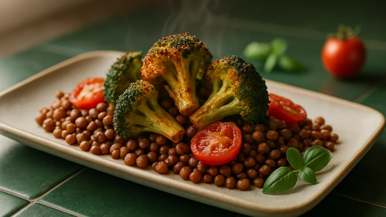 Italienische Linsen mit Brokkoli aus dem Airfryer mit Linsen und Brokkoli, auf dunkelgrünen Fliesen angerichtet.