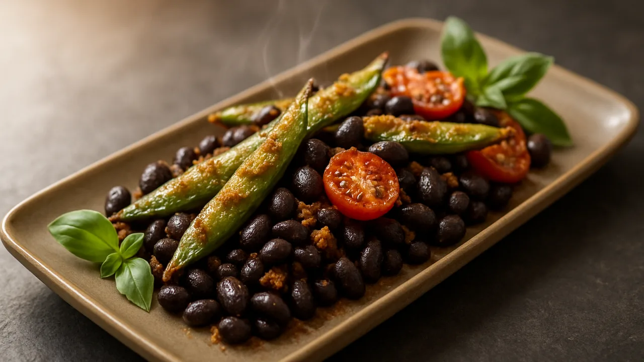 Italienische Schwarze Bohnen mit Zuckerschoten aus dem Airfryer mit Schwarze Bohnen und Zuckerschoten, auf dunklem Schiefer …