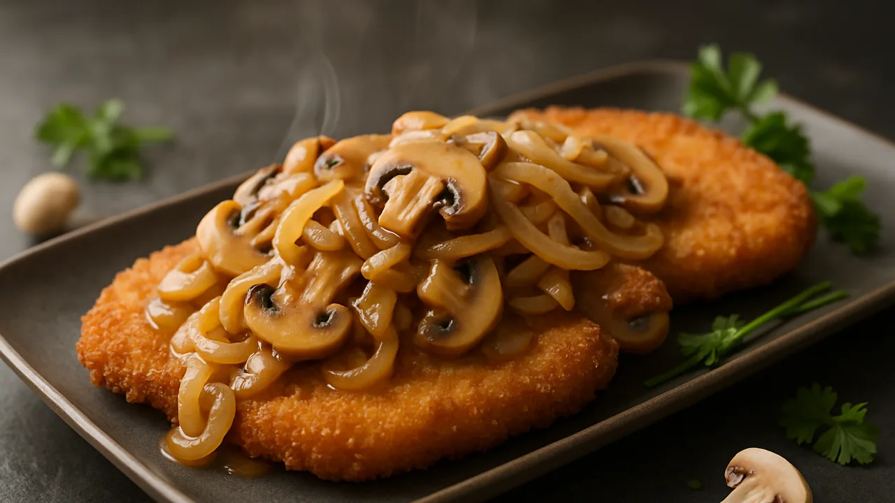 Jägerschnitzel mit Champignons und Zwiebeln aus dem Airfryer mit Panierte Schnitzel und Champignons, auf dunklem Schiefer …