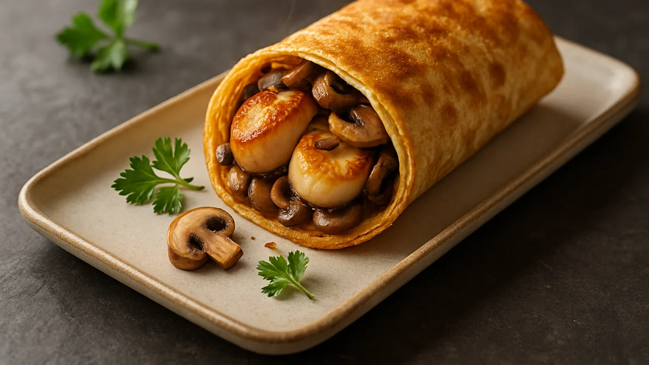 Jakobsmuscheln-Champignons Wrap aus dem Airfryer mit Jakobsmuscheln und Champignons, auf dunklem Schiefer angerichtet.