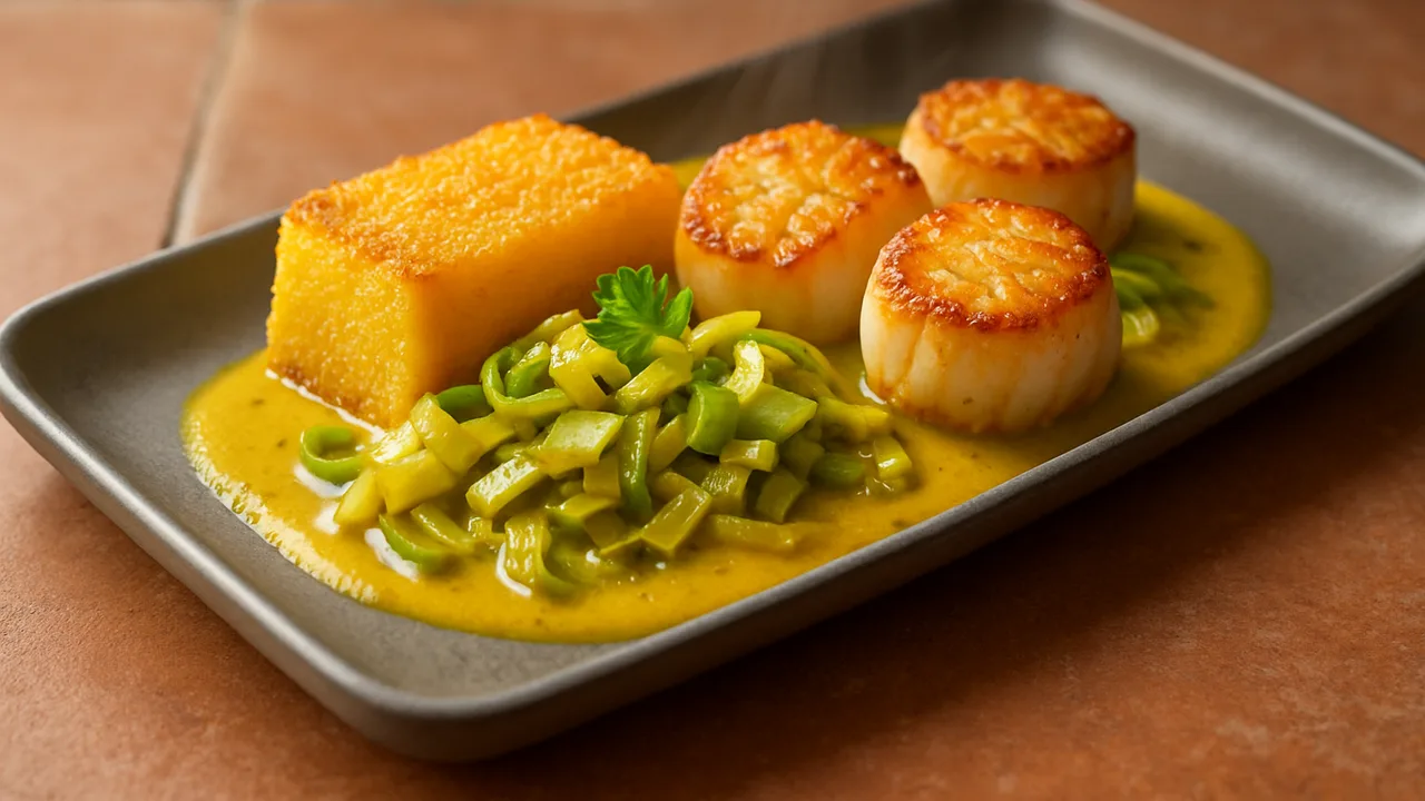 Jakobsmuscheln Curry mit Lauch und Polenta aus dem Airfryer mit Jakobsmuscheln und Lauch (ca. 150 g), auf …