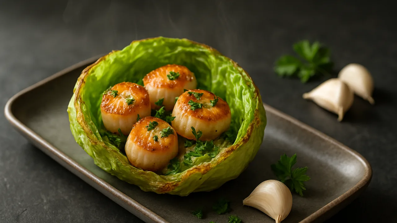 Eisbergsalat gefüllt mit Jakobsmuscheln und Kräutern aus dem Airfryer mit Jakobsmuscheln und Eisbergsalat, auf dunklem …