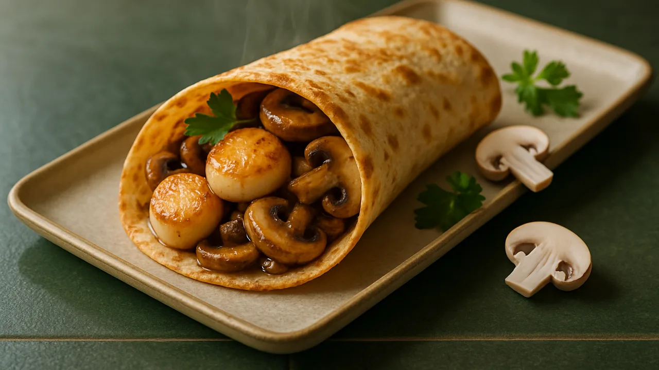 Jakobsmuscheln Wrap mit Champignons und Tortilla aus dem Airfryer mit Jakobsmuscheln und Champignons, auf dunkelgrünen …