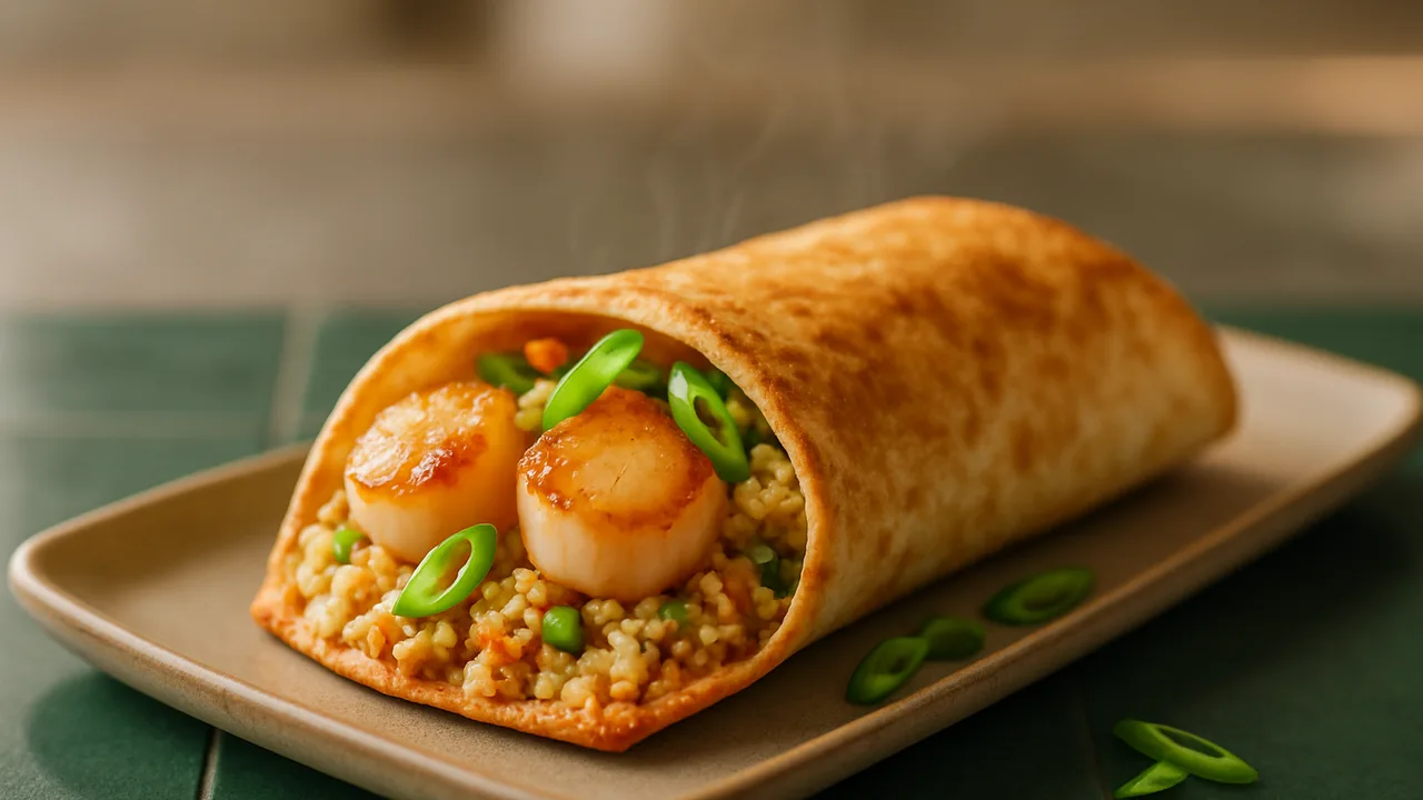 Jakobsmuscheln-Wrap mit Frühlingszwiebel und Couscous aus dem Airfryer mit Jakobsmuscheln und Couscous, auf dunkelgrünen …