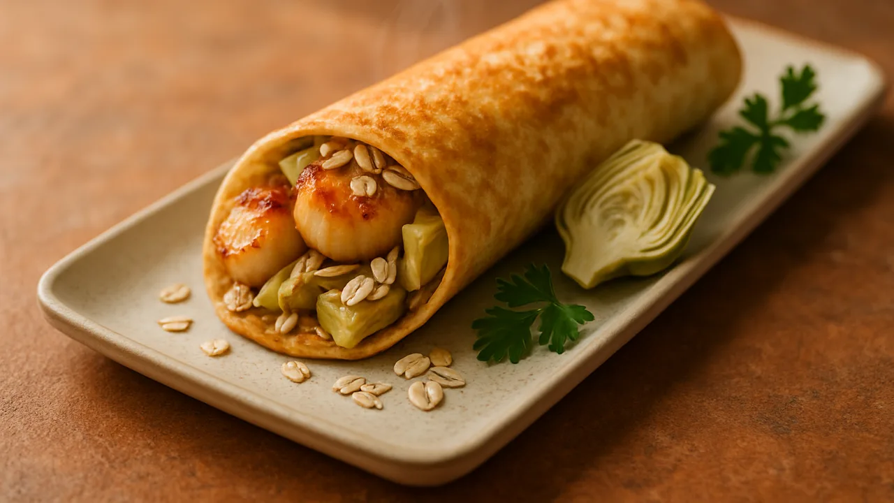 Jakobsmuscheln-Wrap mit Artischocke und Haferflocken aus dem Airfryer mit Jakobsmuscheln und Artischockenherzen, auf …