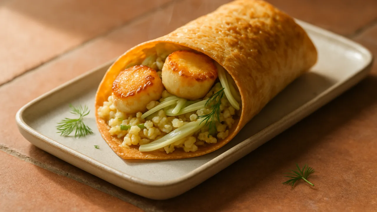 Jakobsmuscheln Wrap mit Fenchel und Hirse aus dem Airfryer mit Jakobsmuscheln und Fenchel, auf Terracotta-Fliesen …