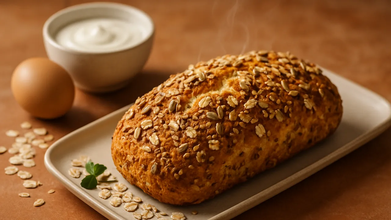 Joghurtbrot mit Haferflocken und Saaten aus dem Airfryer mit Haferflocken und Naturjoghurt, auf Terracotta-Fliesen …