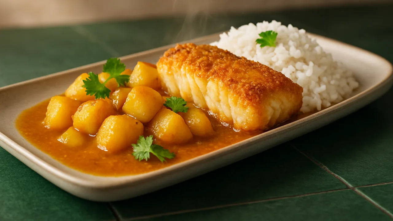 Kabeljau Curry mit Kartoffel und Reis aus dem Airfryer mit Kabeljaufilet und Kartoffeln, auf dunkelgrünen Fliesen …