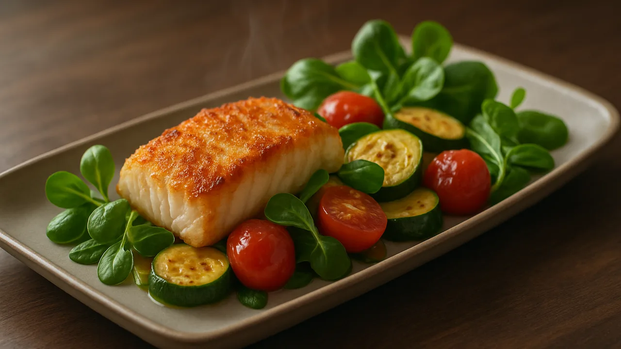 Kabeljau-Feldsalat-Pfanne aus dem Airfryer mit Kabeljaufilet und Zucchini, auf dunklem Walnussholz angerichtet.