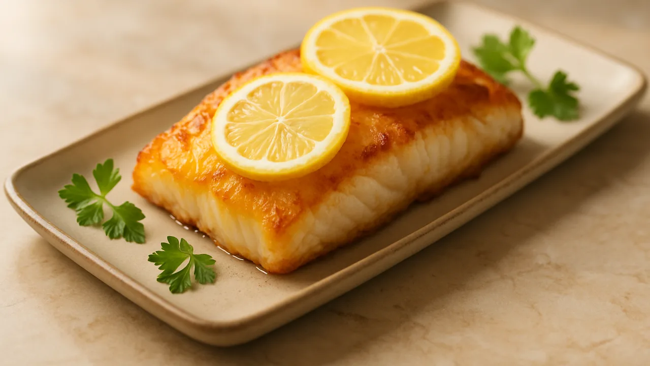 Kabeljau im Airfryer – saftig mit Zitrone mit Kabeljaufilet und Zitrone, auf beigem Marmor angerichtet.